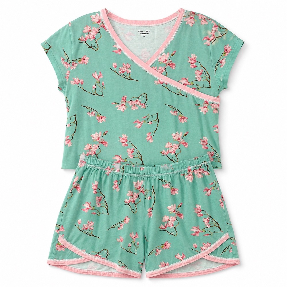 Garnet Hill Pajama Set Aqua Pink Floral Asian Wrap Organic Cotton Medium FLAWED